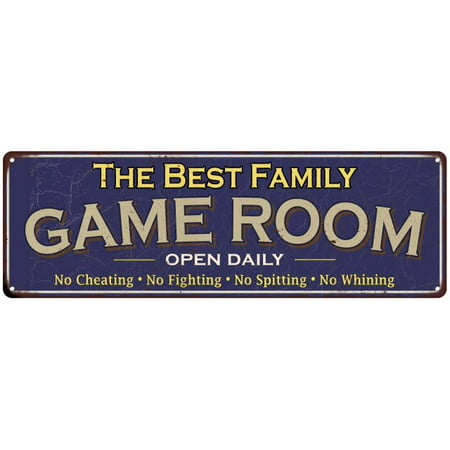 The Best Family Game Room Blue Vintage Look Metal 8x24 Sign Family Name