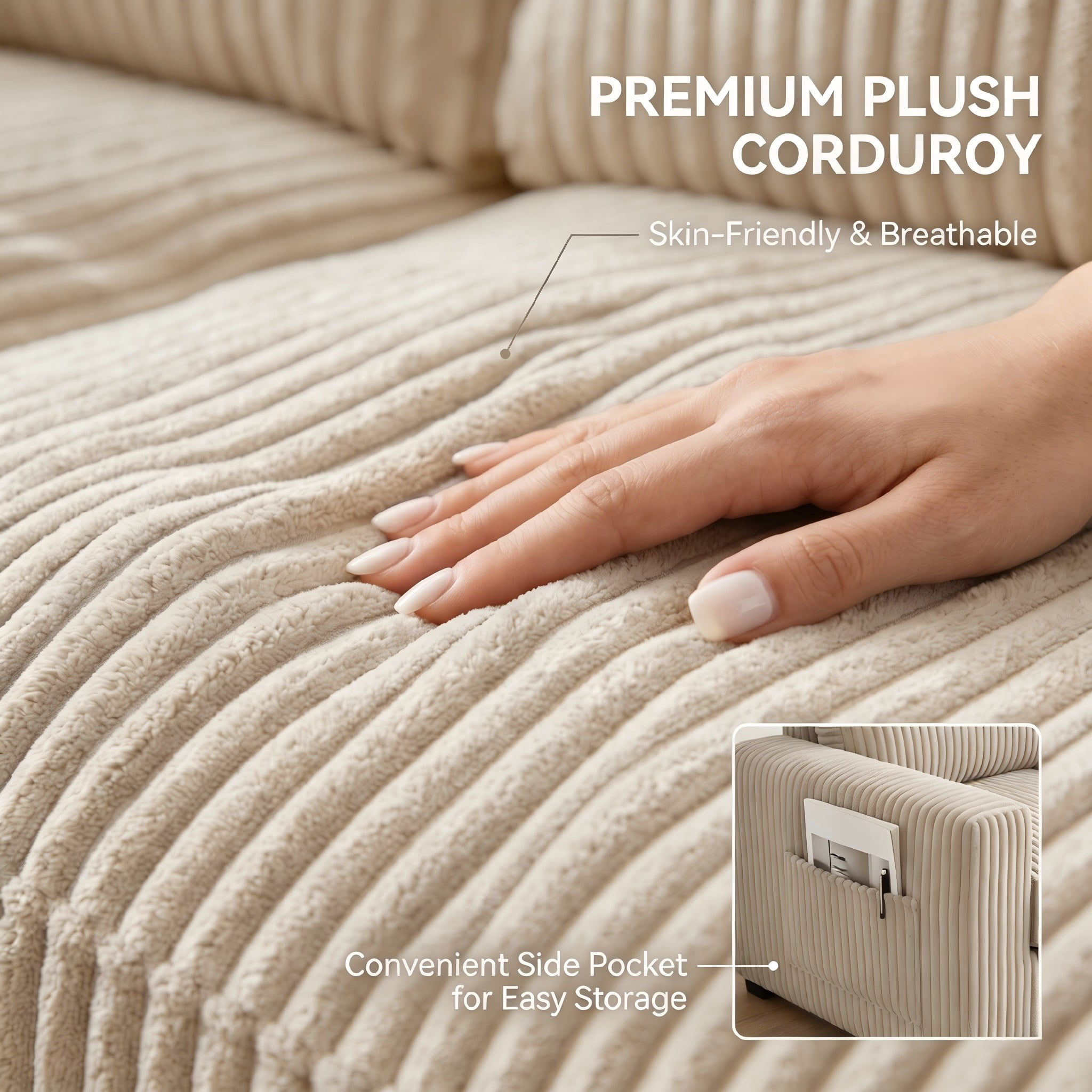 104" Cloud Sectional Sofa with Chaise, L-Shaped Corduroy Couch for Living Room, Zero Assembly, Memory Foam & Pocket Spring, Arrives in 2 Boxes, Left Facing (Beige)