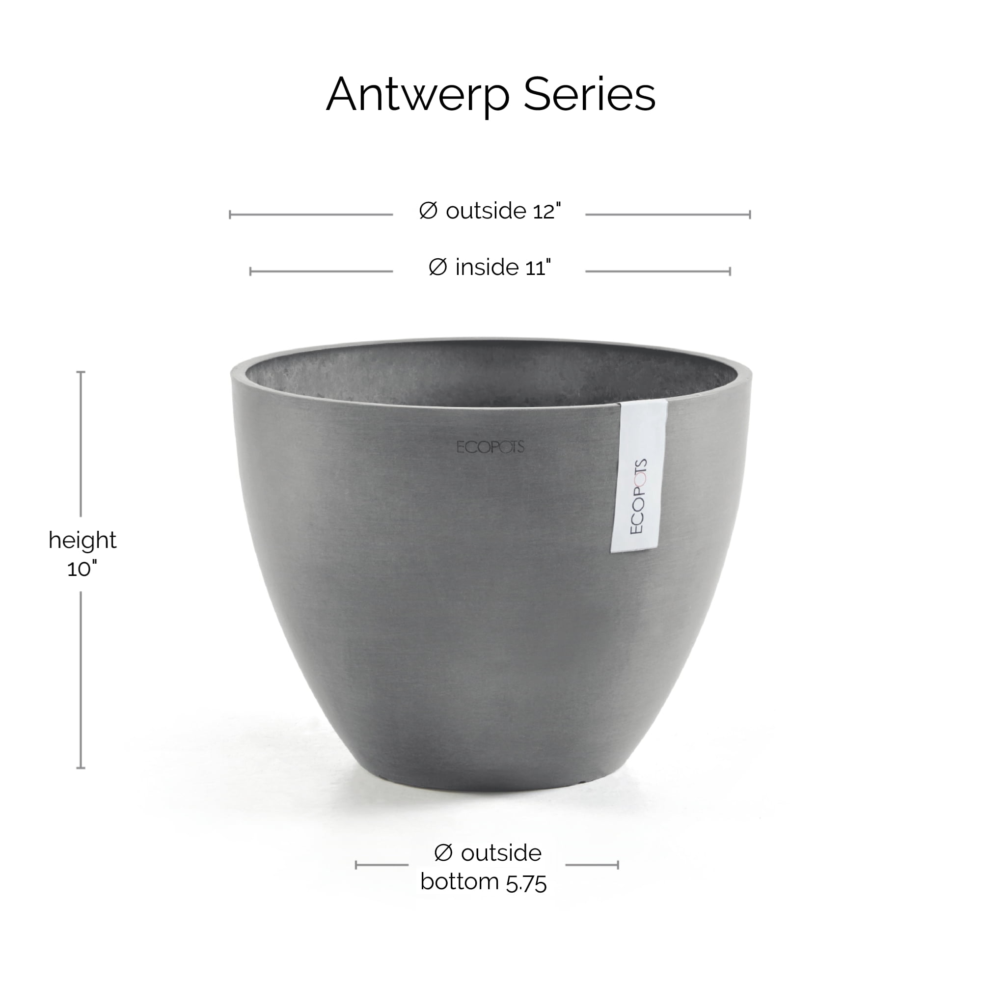 Ecopots Antwerp Durable Modern Round Indoor/Outdoor Recycled Based Composite Flower Pot Planter, Grey, 12"