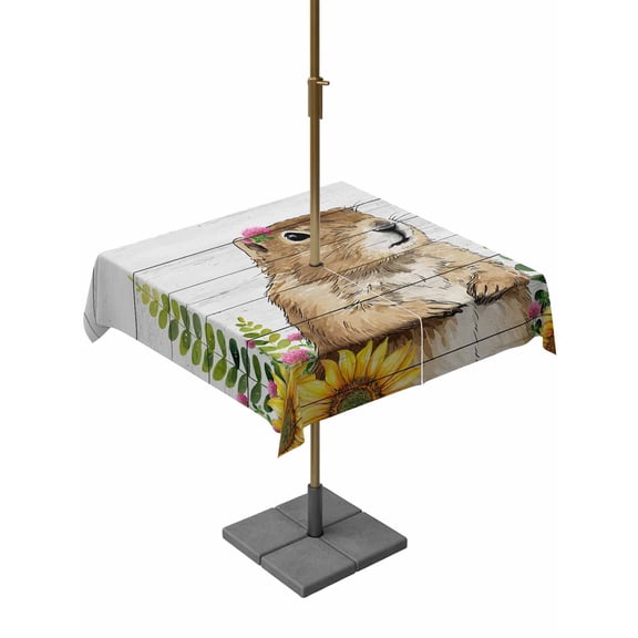 Outdoor Tablecloth with Umbrella Hole for Patio/Picnic/Party/Camping, Groundhog Day Waterproof Table Cloth Square Cover Washable, Sunflower Spring Floral Botanical Vintage (54"x 54")