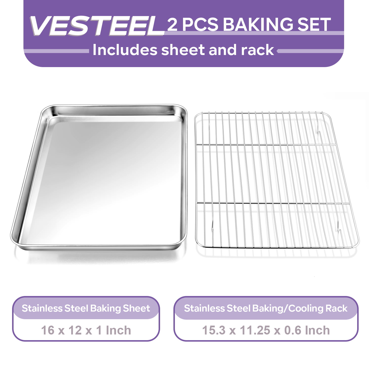Vesteel Extra Large Baking Sheet and Rack Set of 4 ( 2 Pans + 2 Cooling  Racks ), Stainless Steel Cookie Half Sheet Pan Rectangle - 20''x14''x1'' 