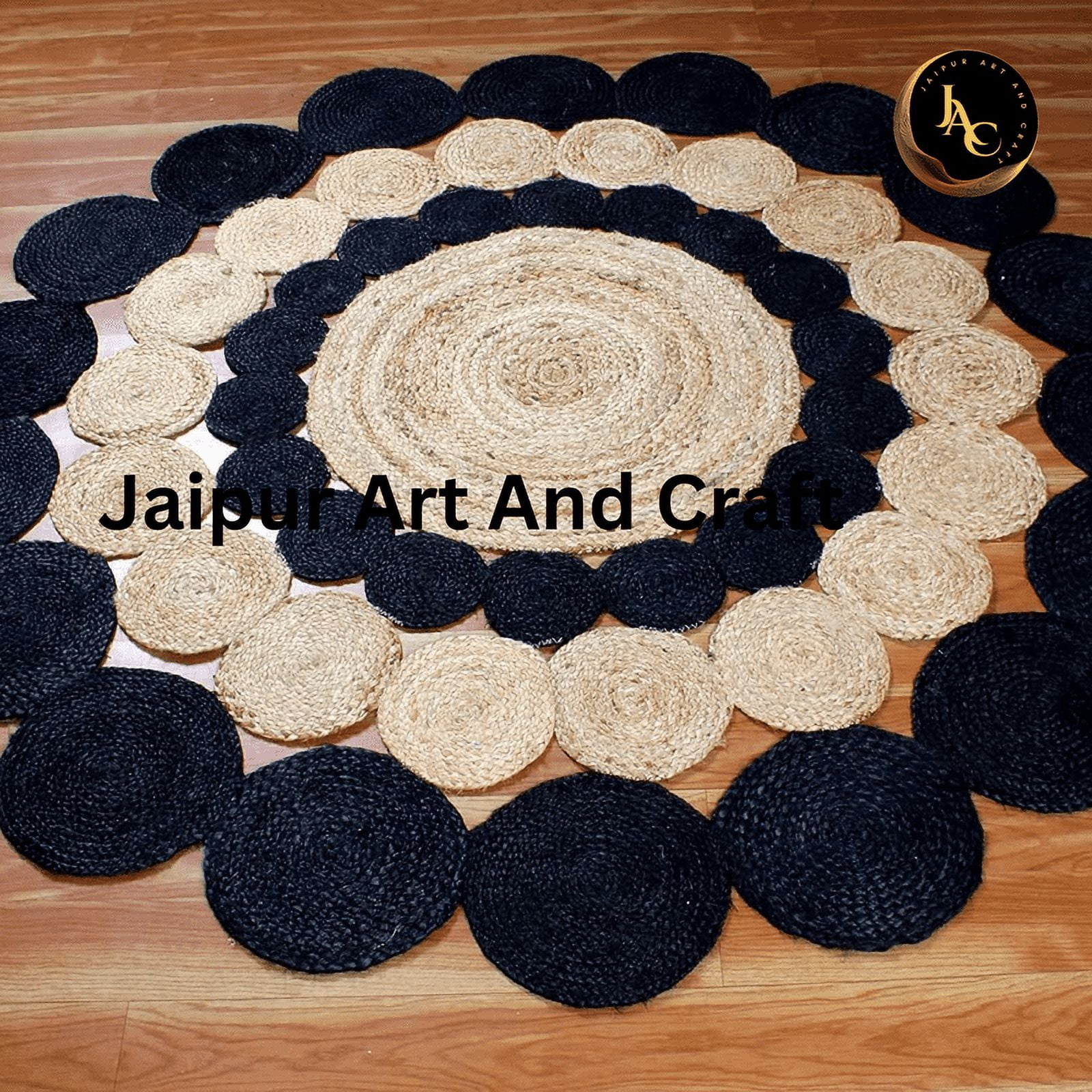 Jaipur Art And Craft Handmade Indian Natural Jute Rug Geometric Beige and Black Round Area Rug (7x7 Sq Ft)