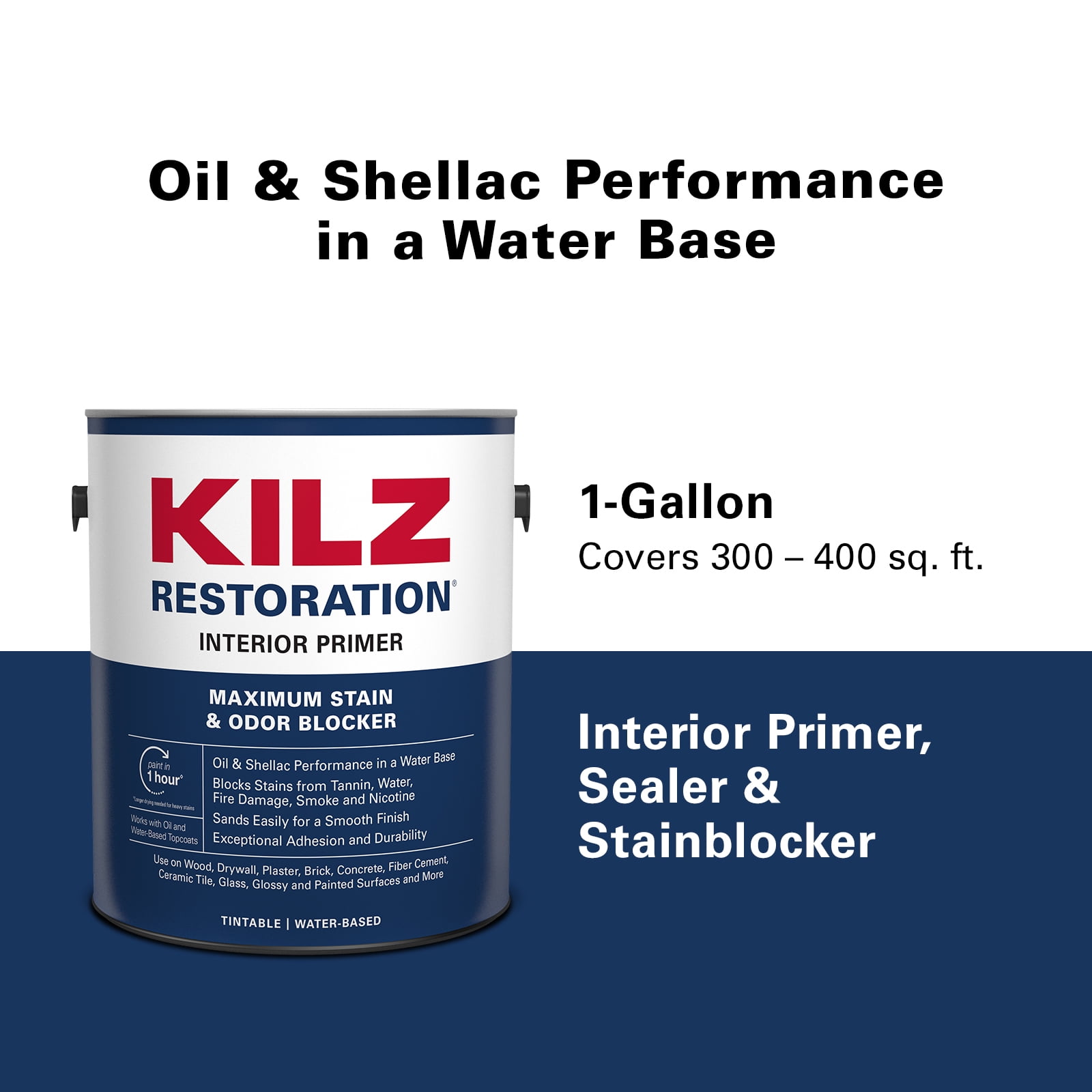KILZ Restoration Interior Water-Based Maximum Stain & Odor Blocking Primer,  White, 1 Gallon