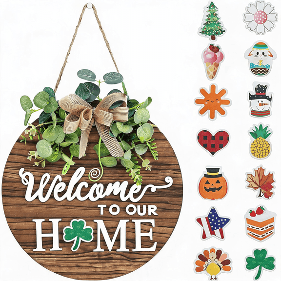 Interchangeable Seasonal Welcome Sign Front Door Wreath, 12" Round Wood Hanging Sign Home Decor House Warming Gifts New Home Fall Decor