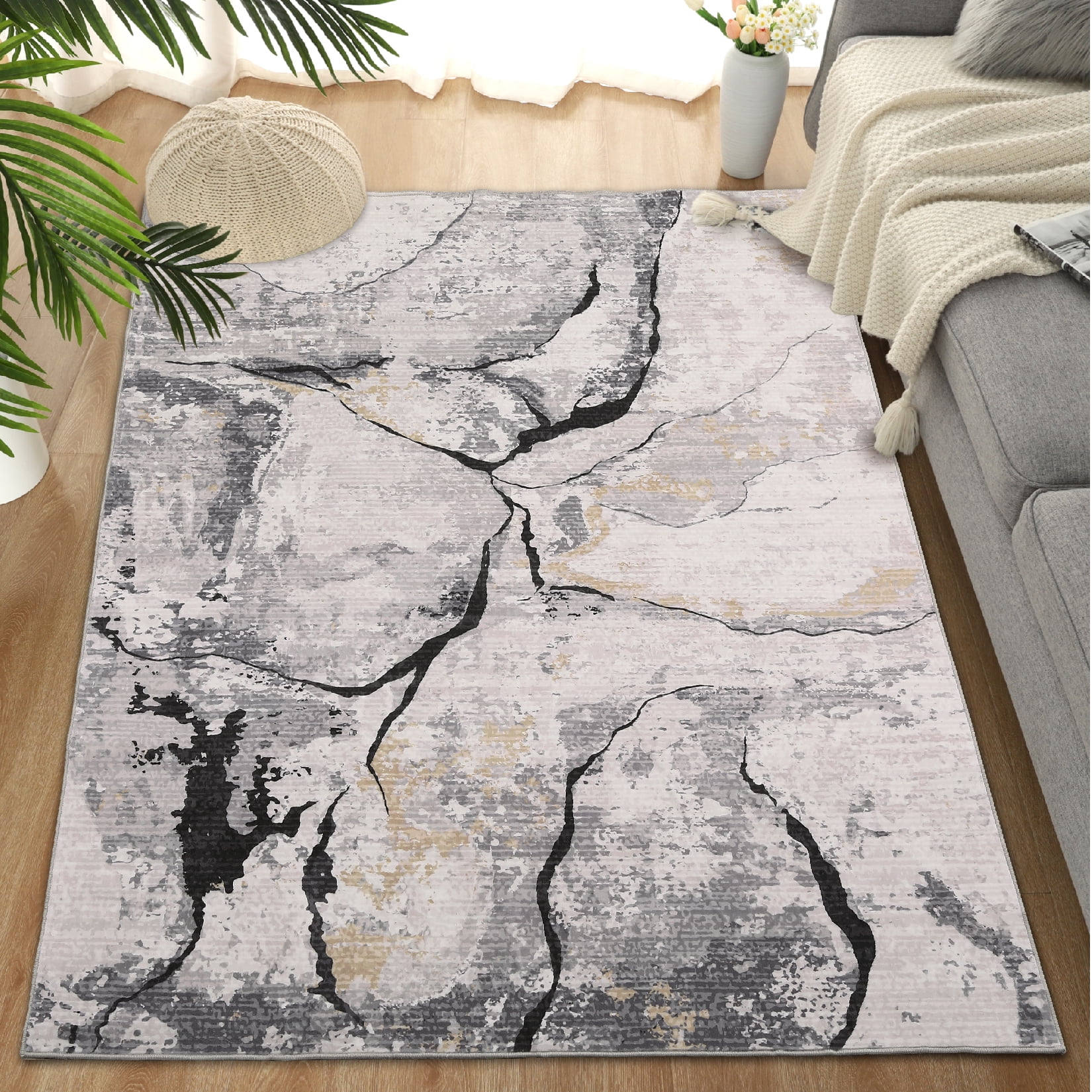 Hasoo Area Rug 8' x 10' Washable Rugs for Living Room Abstract Marble Carpet Boho Luxury Rug, Gray