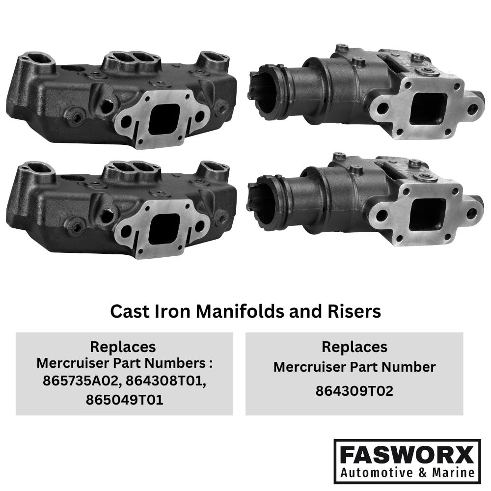 Mercruiser Dry Joint Exhaust Manifold & Elbow Riser Set with Gaskets, Bolts & Plugs - 2002 or Newer V8 5.0L, 5.7L, 6.2L - Replaces 865735A02, 864308T01, 865049T01, 864309T02 - Manifold Set by FASWORX