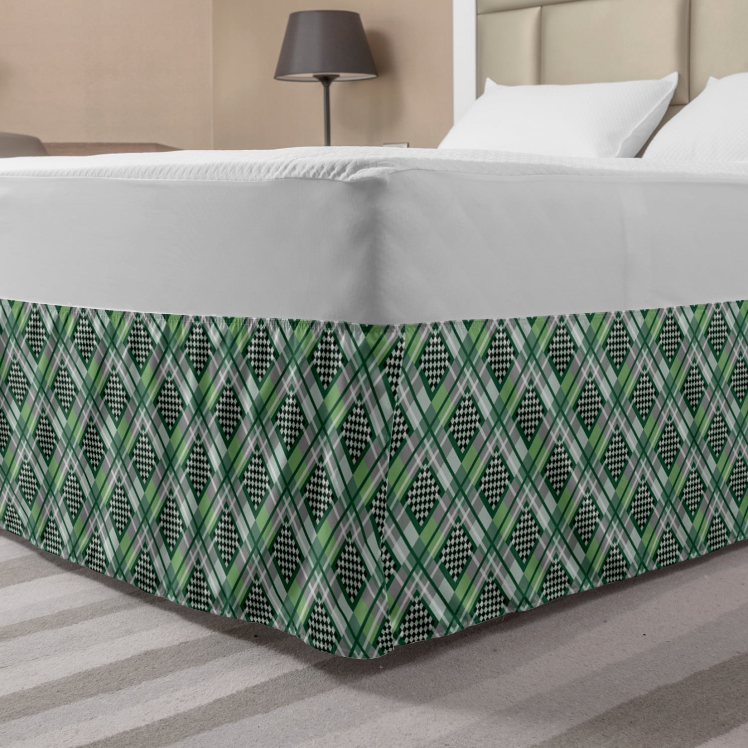 Hunter Green Bed Skirt, Checkered Pattern with Squares and Crossing