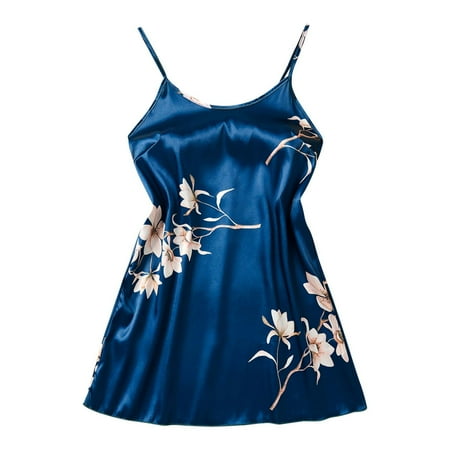 RQYYD Womens Satin Lingerie Nightgown Floral Print Chemise Slip Silk Negligee Spaghetti Straps Babydoll Sleepwear