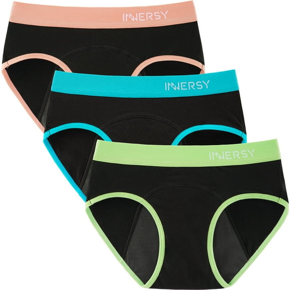 INNERSY Period Panties for Girls Cotton Menstrual Underwear for First Period Starter 3-Pack (12-14 years, Various Black)