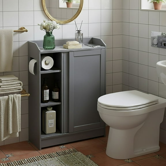 LEDREM Narrow Floor Storage Cabinet, 23.6 Inch Slim Organizer with Sliding Doors & Toilet Paper Holder, Adjustable Shelves for Bathroom Living Room, Dove Gray
