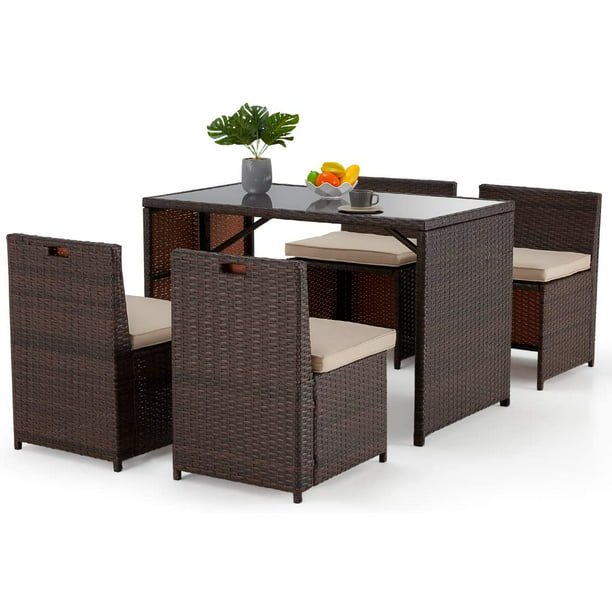 Erommy 5 Pieces Rattan Patio Dining Set, Wicker Patio Table Small