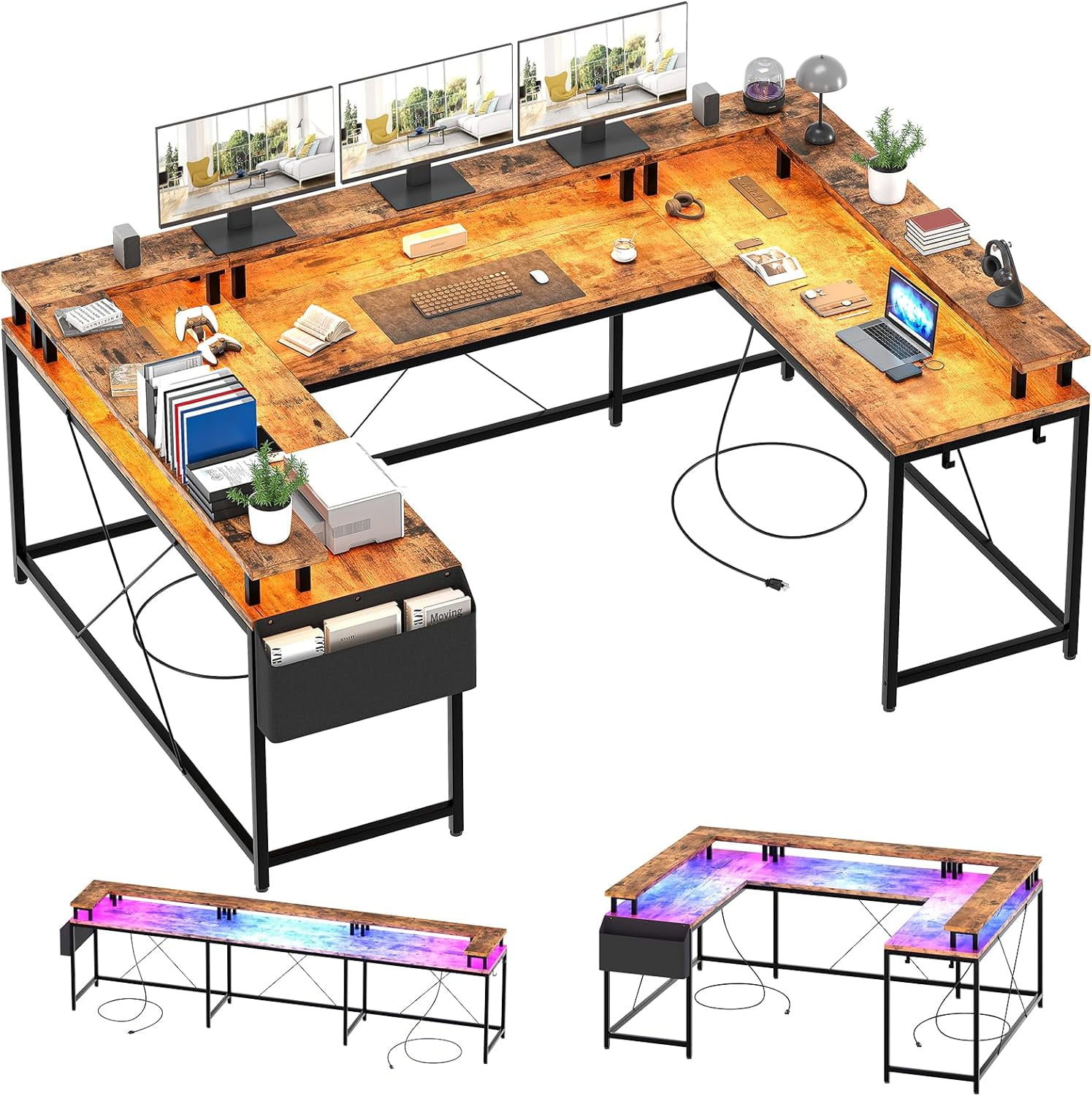 U Shaped Desk with Power Outlets & LED Lights, 79" Reversible L Shaped Desk, Corner Computer Desk Office Desk with Full Monitor Stand,Rusitc Brown