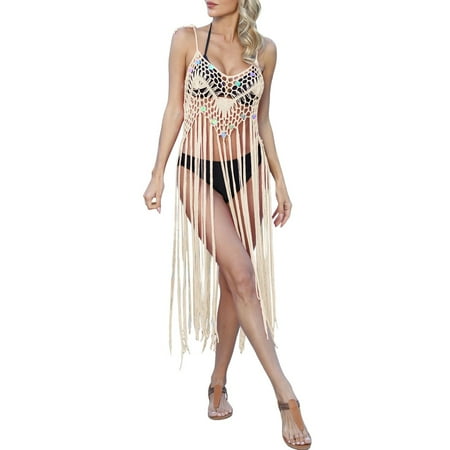 AOMPMSDX Beach Skirt Fashion Sequin Stitching Pure Hand Hook Suspender Skirt Vacation Long Tassel Bikini Cover Up Beige One Size
