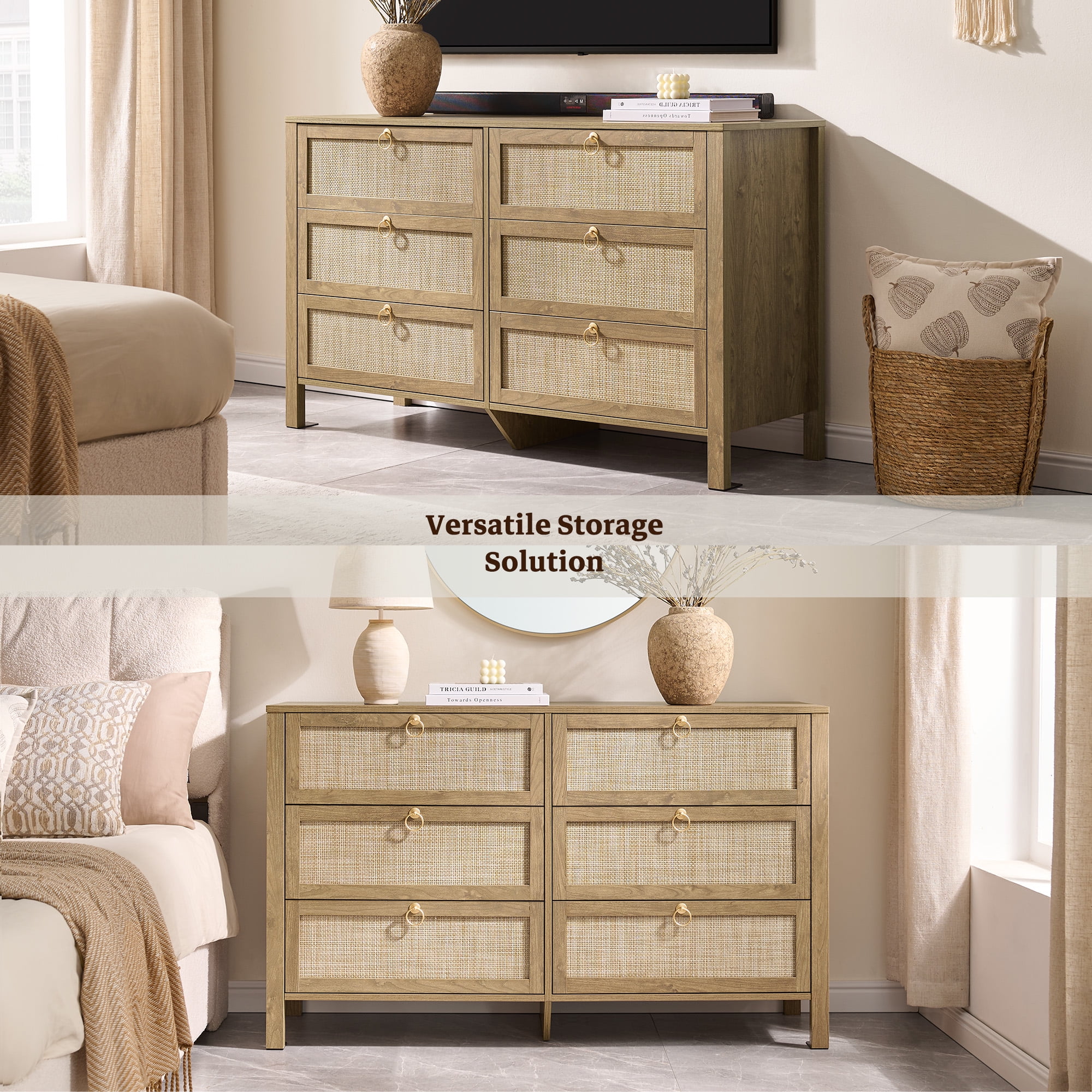 SICOTAS 51.14" Wide 6-Drawer Rattan Dresser Set of 2, Long Boho Chest of Drawers with Gold Handle for Bedroom, Coastal Bedroom Furniture in Cherry Oak