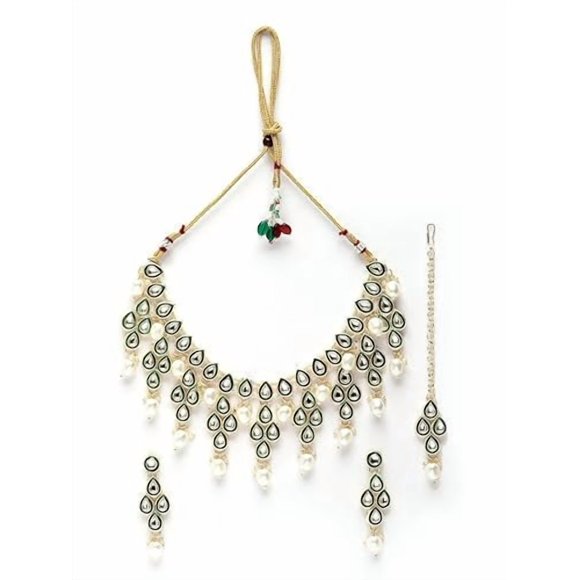 Delicate Gold Plated Green & White Kundan Studded Necklace Set With Earrings & Maang Tika For Women