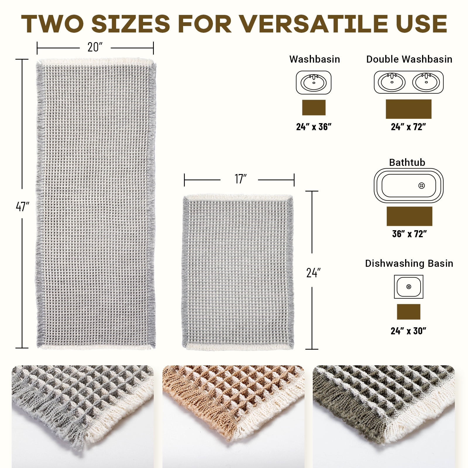 Furicher Large Waffle Bath Mat Set, Non Slip Bathroom Mat Set 2 Piece, 20"×47" and 16"×24"