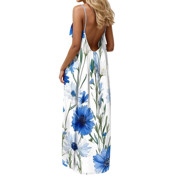 TaTaai Spring Backless Dress for Women Spaghetti Strap Printed Loose Fit Long Maxi Dress Sleeveless Casual Solid Color Soft Stretchy for Daily Outing Gift