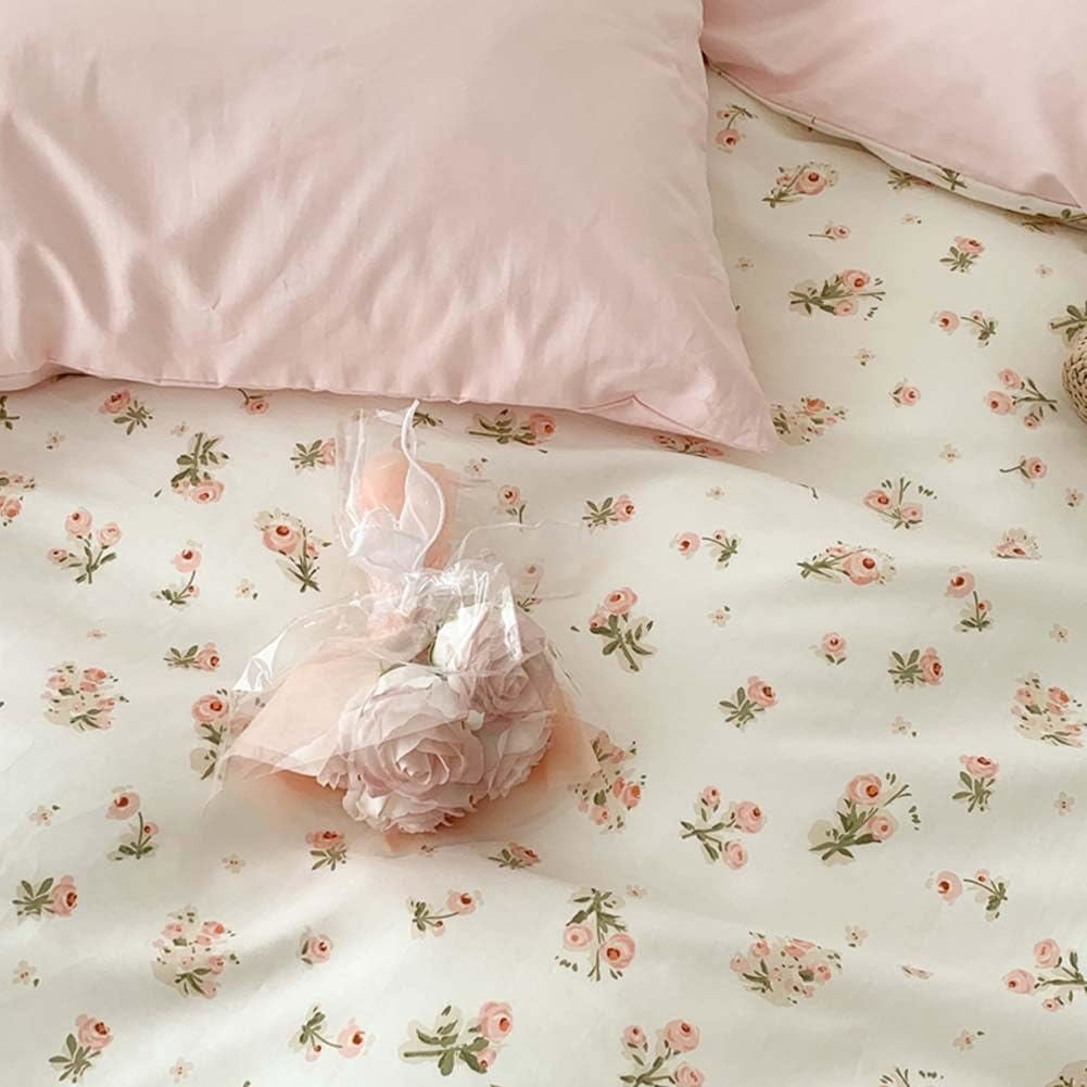 Floral Duvet Cover Set Full Size White Pink Floral Bedding Duvet Cover with Flowers Pattern Soft Microfiber Comforter Cover