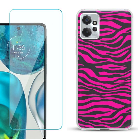 OneToughShield ® for Motorola Moto G Power 5G 2023 Shockproof Fashion Phone Case, with Tempered Glass Screen Protector - Zebra Pink