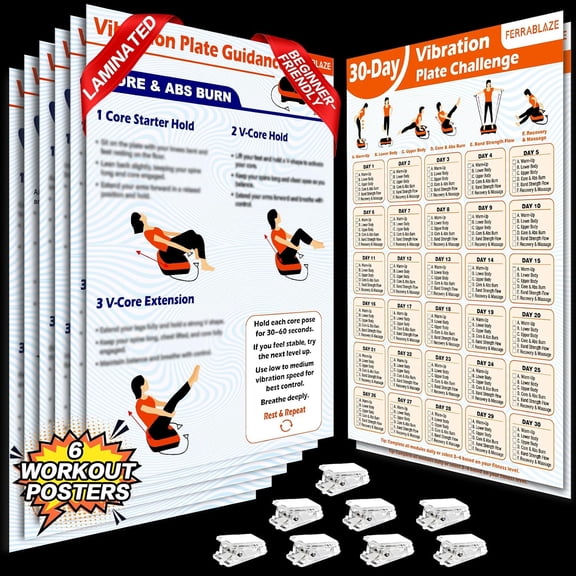 Vibration Plate Workout Poster & Fitness Planner, Full Body Beginner to Advanced Home Gym Exercise Charts   30-Day Challenge Plan, Fits All Machines