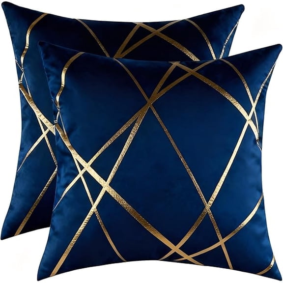 Eryueer Luxury Velvet Cushion Covers 50 x 50 cm Sets of 2 Gold Striped Decorative Throw Pillow Covers Navy Blue Cushion Case Couch Pillowcases for Sofa Living Room Bedroom