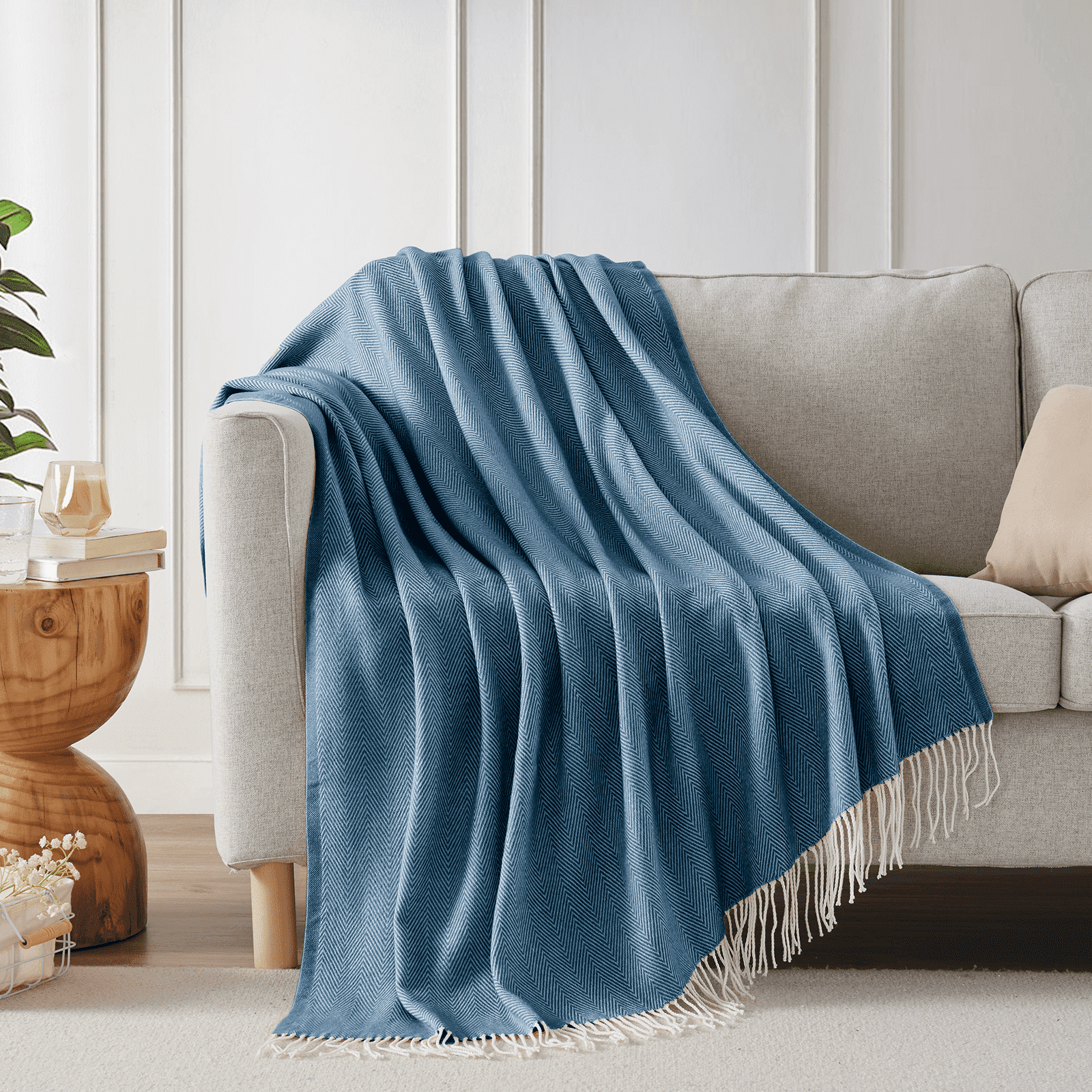Bourina Herringbone Navy Throw Blanket for Couch, Suitable for Adult, Soft and Lightweight, 50"x 60"