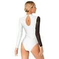 thumbnail image 2 of Alvivi Womens Rhinestone Mesh Splice Ballet Dance Leotard Turtleneck Long Sleeve Gym Bodysuit Tops White XXL, 2 of 7
