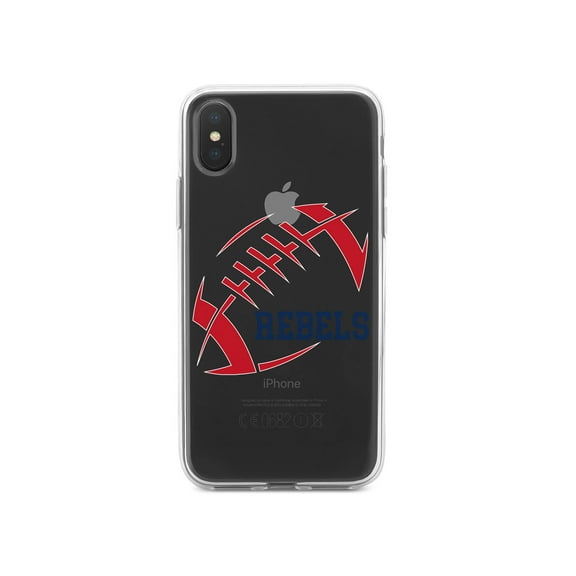 DistinctInk Clear Shockproof Hybrid Case for iPhone XR (6.1" Screen) - TPU Bumper, Acrylic Back, Tempered Glass Screen Protector - Rebels Football - Red, Navy