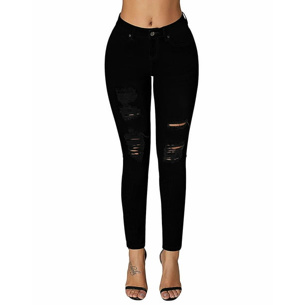 Jeans ajustados destruidos de tiro medio rasgados para mujer, negros, talla X-Large.