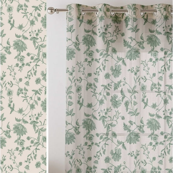 Vargottam Floral Vines Design Sheer Curtains for Short Windows - Set of 2 Panels, 63", Grommet Top, Printed Georgette, Light Filtering Drapes for Kitchen or Bedroom