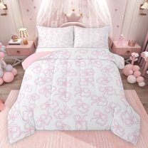 jejeloiu Lovely Bowknot Full Size Comforter Sets,Cute Cartoon Bow Bedding Comforter Set,Pink Kawaii Bowtie Bedding Sets For Girl,Super Cozy Room Decor Reversible,3 Pieces