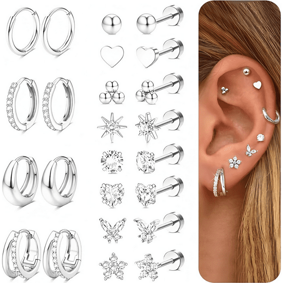 ZC Sterling Silver Stud Earrings for Women Hypoallergenic Hoop Earrings Studs Cartilage Earring Sets for Multiple Piercing 20G Dainty Heart Butterfly Star CZ Stud Earring Stacks for Women Trendy