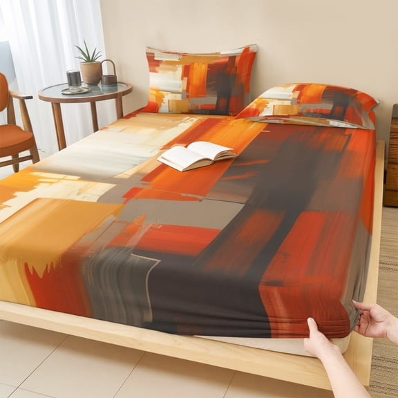 King Size Fitted Sheet Set - Burnt Orange Brown 3 Piece Bedding Sets 16" Deep Pocket Fitted Sheet with 2 Pillowcases, Farmhouse Ombre Abstract Mottled Art Brushed Microfiber Hotel Luxury Bed Sheets