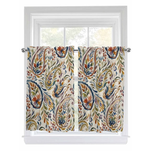 Paisley Flower Bathroom Window Curtain, Spring Watercolor Vintage Floral Leaf Plant Light Filtering Coffee Kitchen Curtains, Bedroom Living Room Curtains 2 Panel 84"x45"