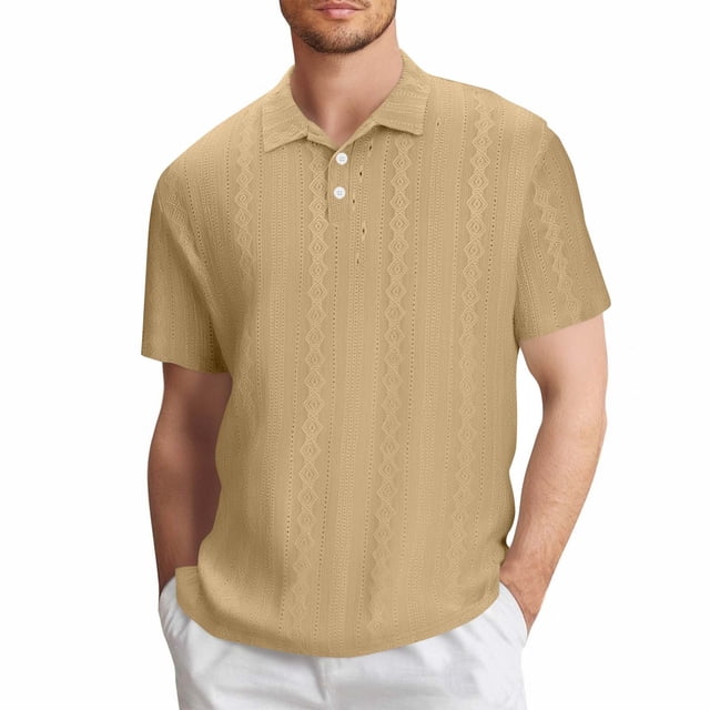 Blusa y camisa de manga corta con cuello vuelto para hombre, color liso, informal, holgada, con botones, de poliéster