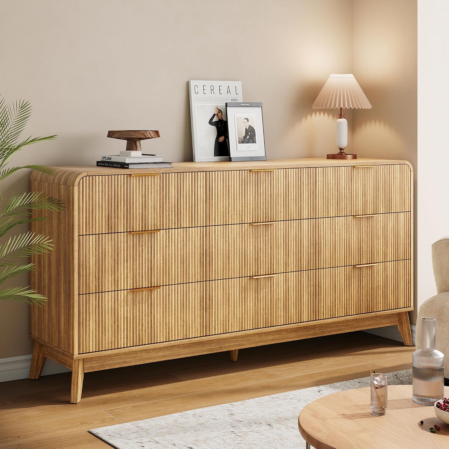 Pipleo 62.8" Fluted 9-Drawer Dresser, Handleless Wooden Chest with Curved Design for Bedroom & Living Room, Natural Oak