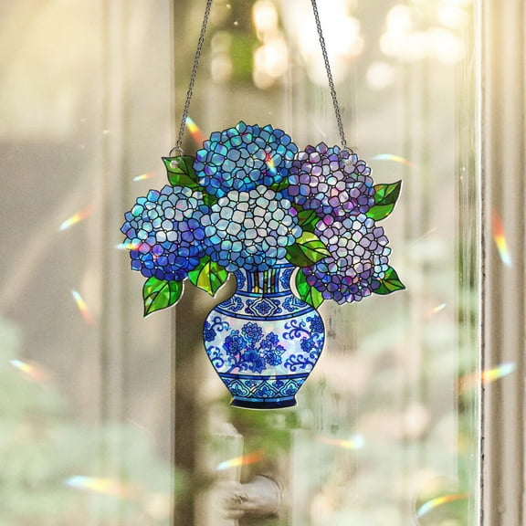 Hydrangeas In Blue Chinoiserie Vase holographic acrylic suncatcher, elegant floral home decor, unique gift for garden lovers