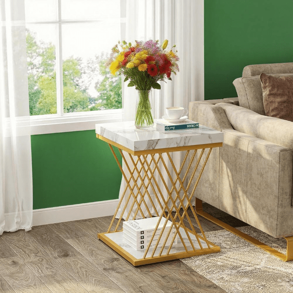 2-Tier Square Side Table with Faux Marble Top, X-Shaped Metal Frame, Compact Dual-Shelf Design for Living Room/Bedroom/Small Spaces