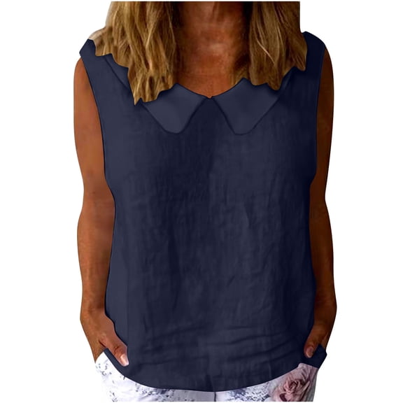 Collared Linen Shirts Womens Sleeveless Summer Tank Tops Casual Loose Cute Shirts Pullover Navy, 2XL
