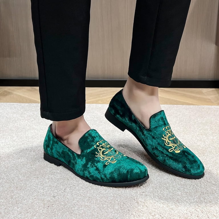 Men\'s Green3 Velvet Penny Loafers Metal Buckle Slip On Luxury Suede Formal Shoes Amazon.com | LCQL Men main image 3