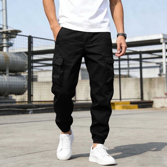 SOOMLON Cargo Pants for Men Big and Tall Drawstring Joggers Solid Pants Outdoor Hiking Pants with Multiple Pockets