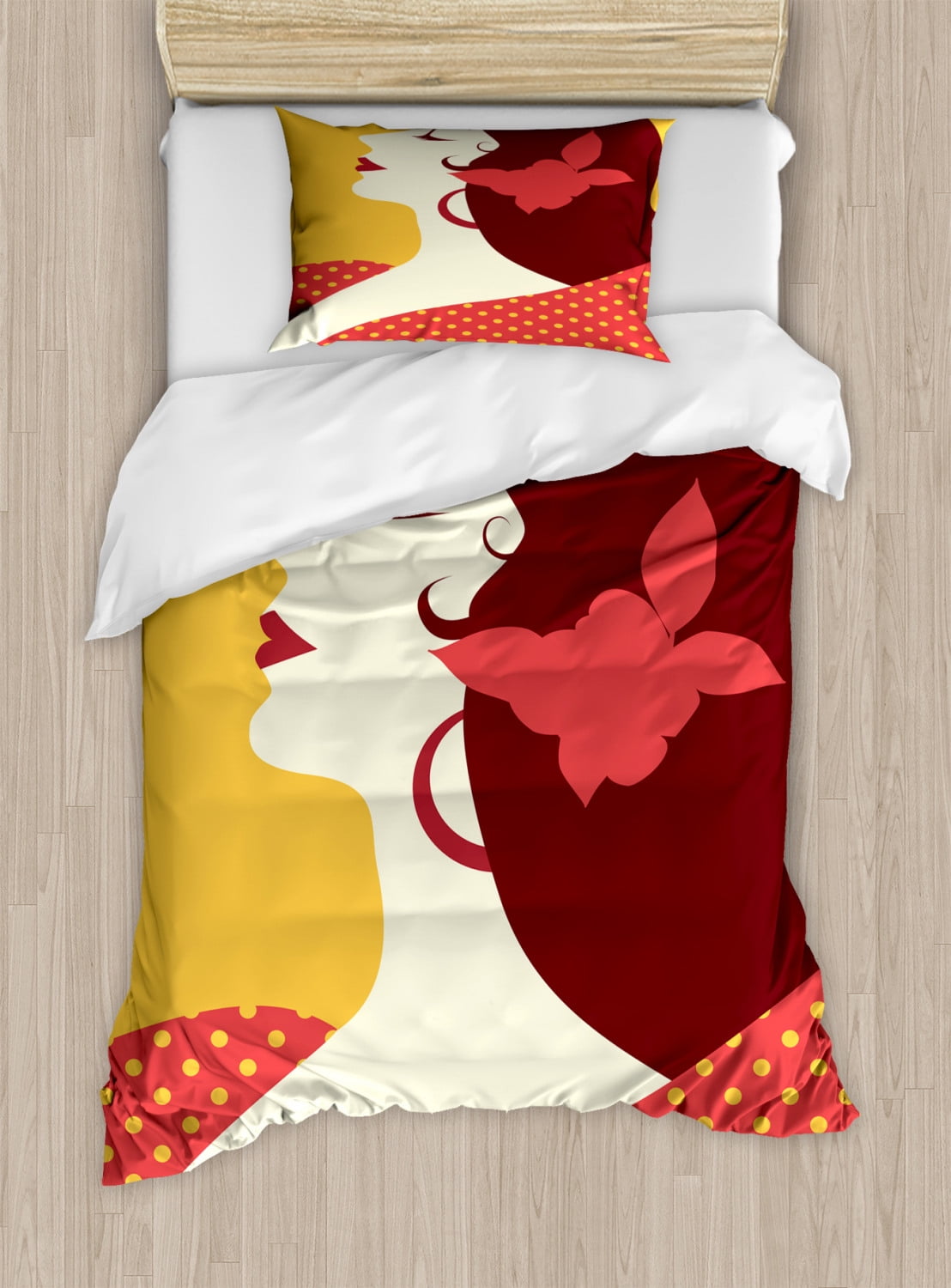 Spanish Duvet Cover Set Twin Size, Flamenco Woman in Retro Polka Dot Dress with Flower in Her