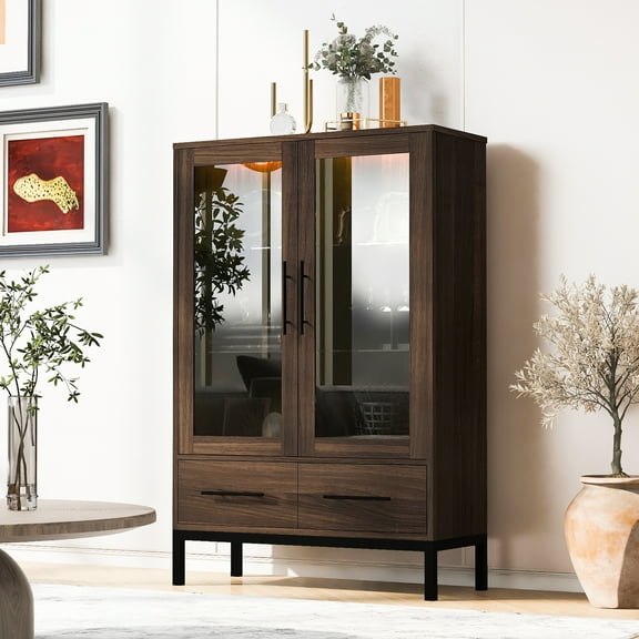 CoSoTower 60'' Tall Display Cabinet with Tempered Glass Door, LED Lighting, Two Drawers, Modern Style Storage Cabinet for Living Room, Office & Study, Walnut