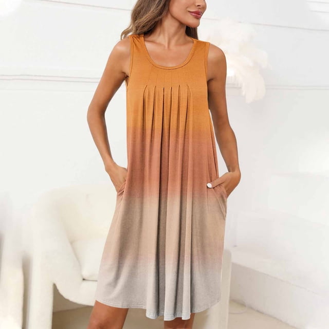 Camisón de mujer con estampado y bolsillos, sin mangas, plisado, cuello redondo