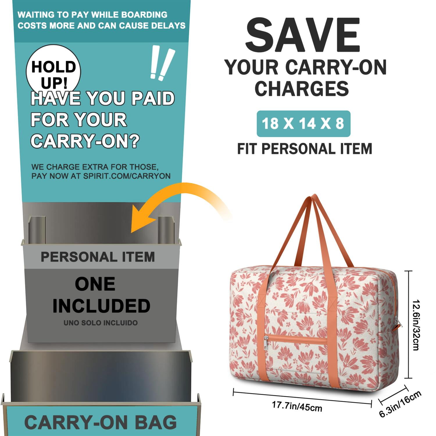 For Spirit Airlines Personal Item Bag 18x14x8 Inch, Floral Weekender Travel Bag, Foldable Travel Duffel Bag Underseat Carry on Bag with Luggage Sleeve for Women and Men 30L