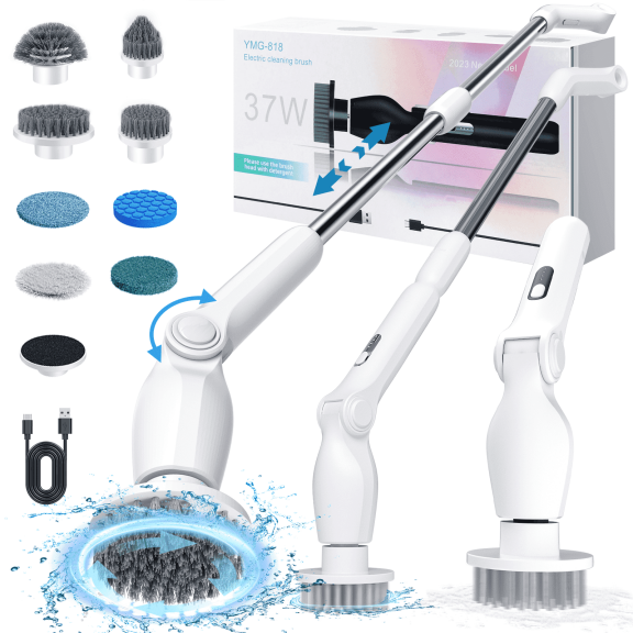HOOFUN Electric Spin Scrubber, Cordless Rotary Bath Cleaning Brush, Power Scrubber with Long Handle & 8 Replaceable Heads, Adjustable Arm, ABS Electric Cleaners for Bathroom Floor