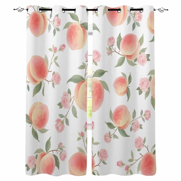 Peach Blackout Curtains for Bedroom/Living Room, Thermal Insulated Kitchen Curtains, Spring Floral Green Leaf Botanical Pink Fruit Grommet Darkening Window Treatment Drapes 42"x84"x2