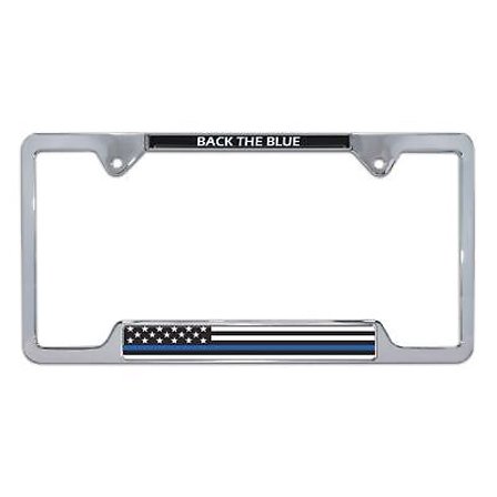 Police Thin Blue Line Flag "Back the Blue" Open Chrome Metal License Plate Frame