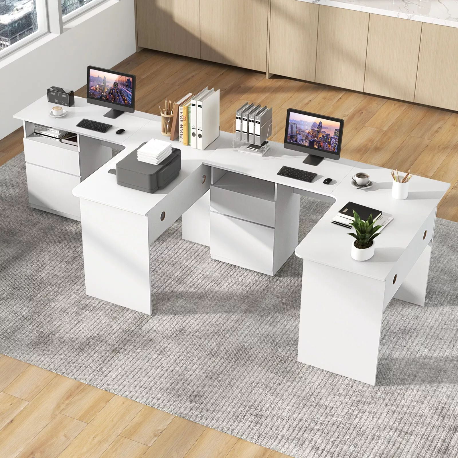 Harmijoy 59" L Shaped Study Writing Desk with Letter File Drawer, Open Compartment , Large Home Office Workstation, White