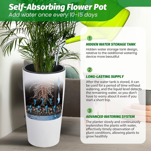 EastVita 2PC 30 Inch Tall Outdoor Planters, Self Watering Planters, White